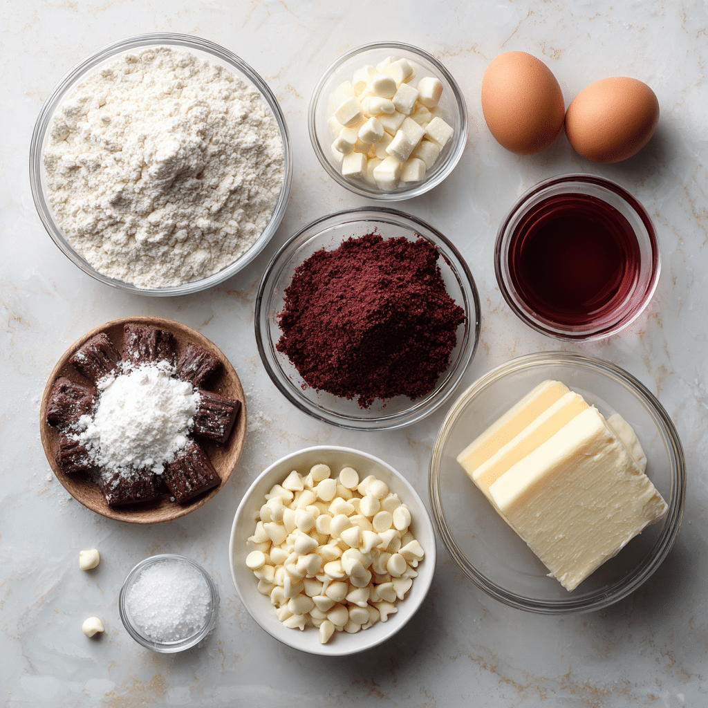 Red Velvet Cookie Ingredients neatly arranged on a marble surface