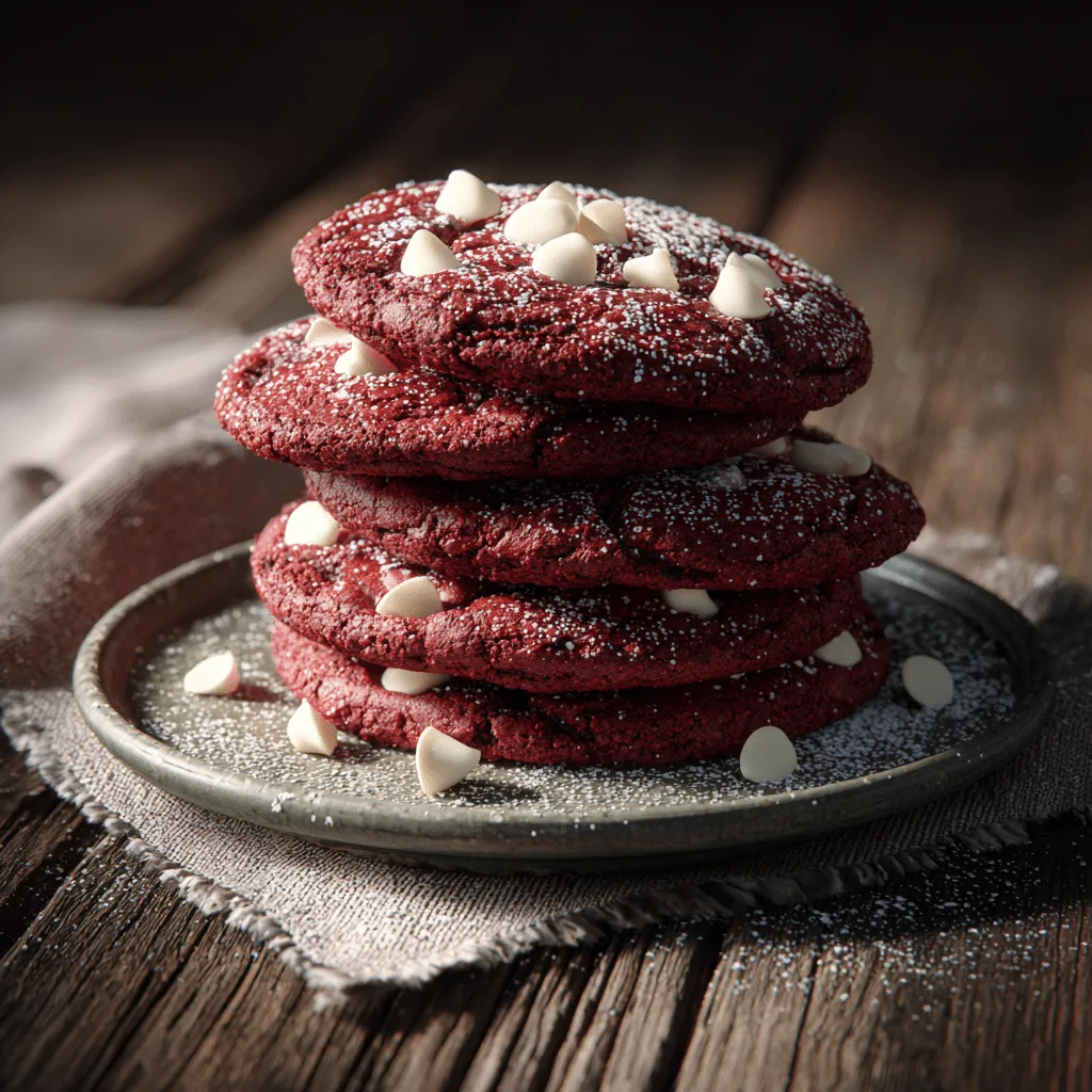 Red Velvet Cookies stacked with white chocolate chips on rustic table