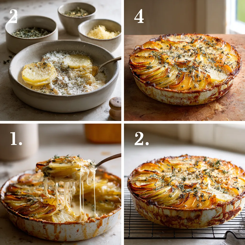 Delicious Cheesy Root Vegetable Gratin to Brighten Your Holiday Table 5 Four-step collage for Cheesy Root Vegetable Gratin—toss veg, layer with cheese, add cream, bake until golden