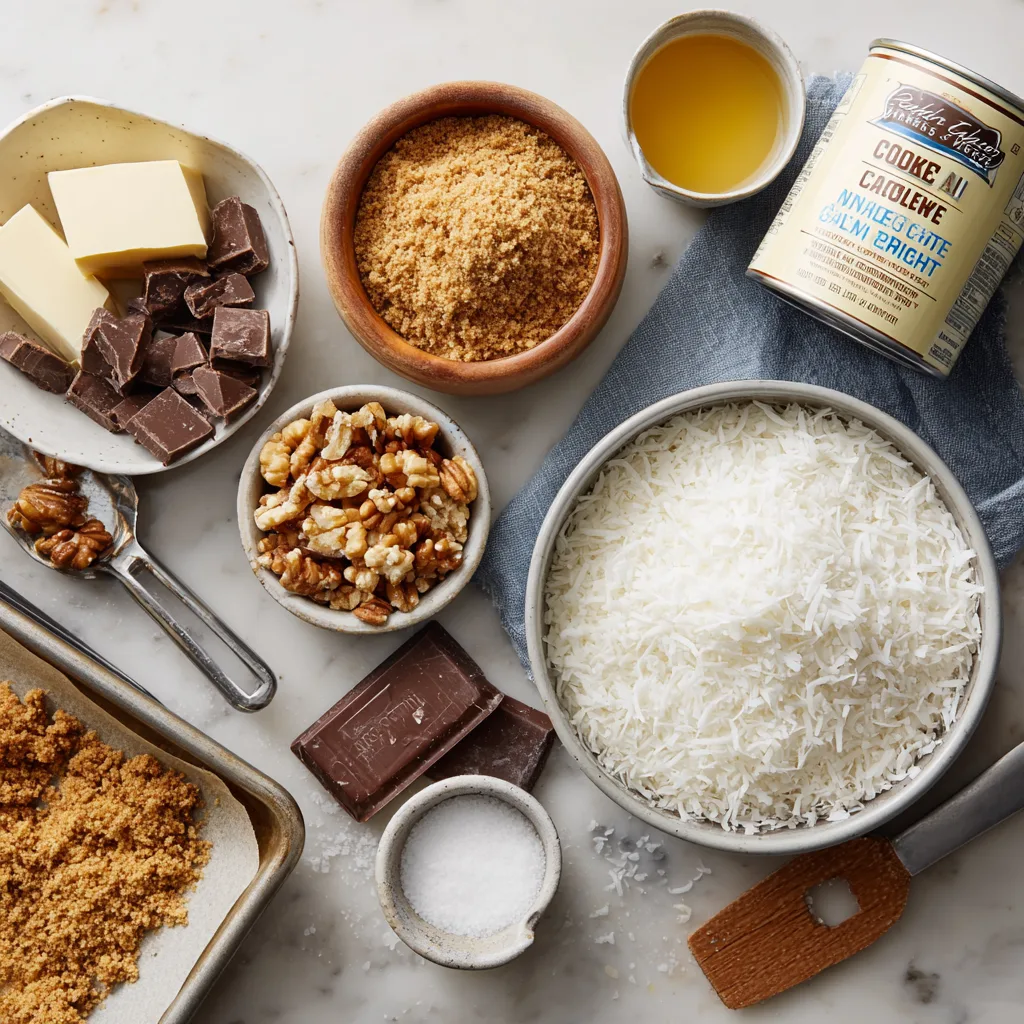 Cookie Bars from Eagle Brand: Irresistibly Delicious and Simple Delight 3 Overhead iPhone 15 Pro flat-lay showing graham crumbs, melted butter, unlabeled condensed milk, chocolate chips, coconut, nuts, parchment, and pan in natural window light.