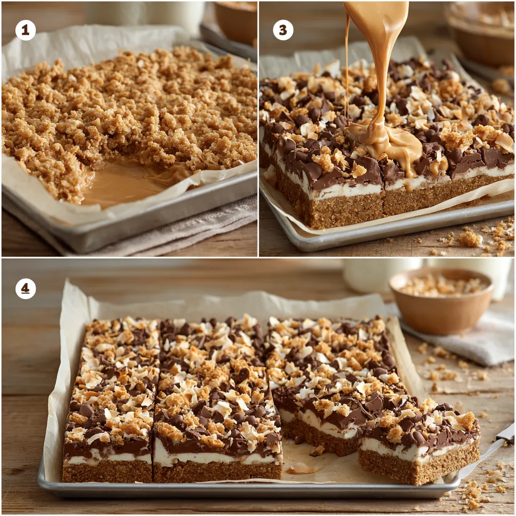 Cookie Bars from Eagle Brand: Irresistibly Delicious and Simple Delight 4 A process collage showing buttery graham crust, condensed milk pour, chocolate/coconut/nut layer, and a golden baked slab being sliced into bars.