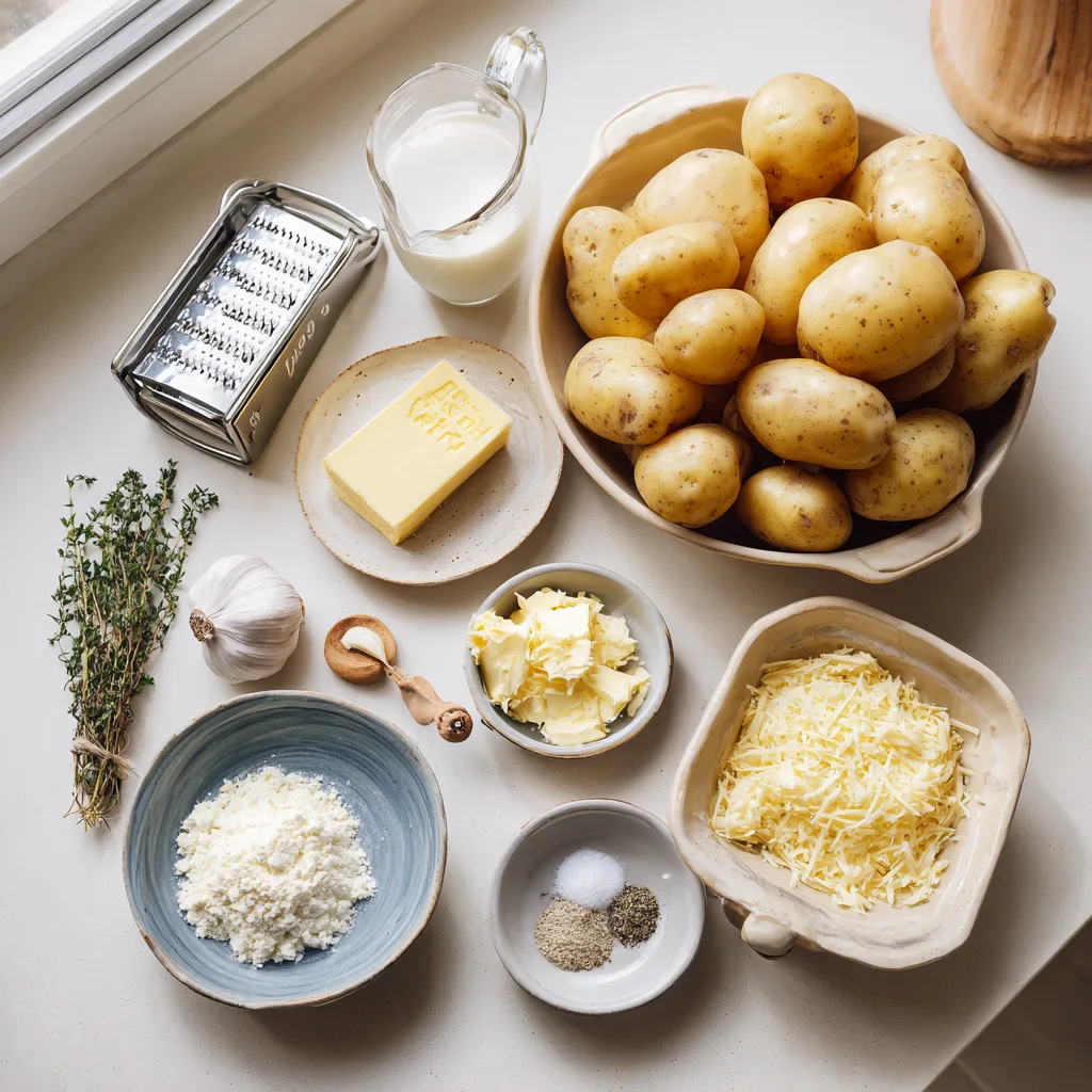 Creamy Scalloped Potatoes: A Soul-Warming Side Dish for Every Occasion 3 Overhead iPhone 15 Pro flat-lay of Yukon golds, butter, garlic, flour, heavy cream, Parmesan, thyme, salt and pepper with a mandoline, whisk, baking dish, and foil.