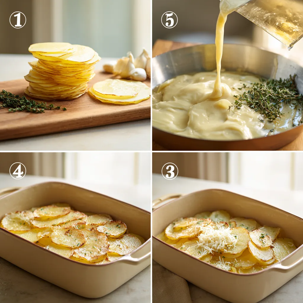 Creamy Scalloped Potatoes: A Soul-Warming Side Dish for Every Occasion 4 A process collage showing paper-thin slicing, a butter-garlic roux whisked with cream, seasoned sauce coating the slices, and upright layering baked to a bronzed, bubbling finish.