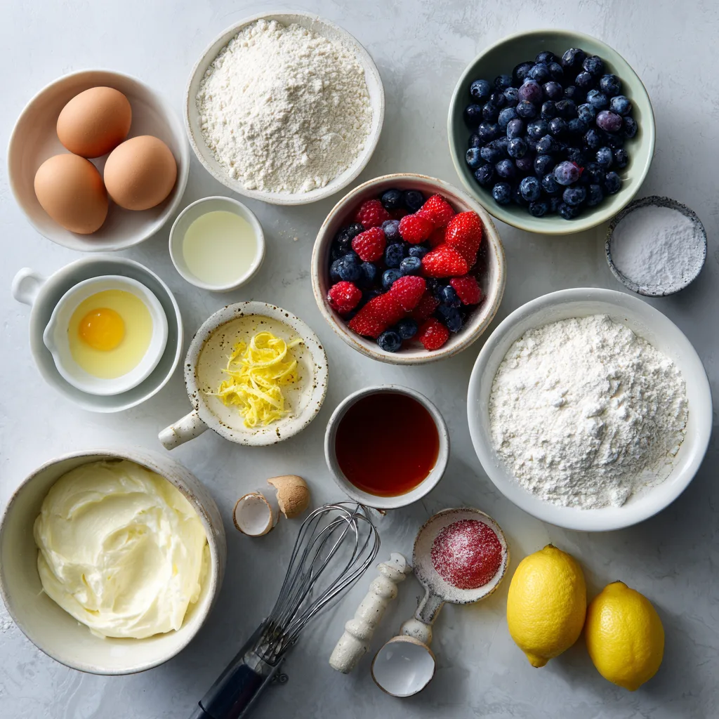 Berry Chantilly Cake: Delightfully Light and Fruity Dessert for All Occasions 3 DBerry Chantilly Cake ingredients with natural window light and a casual home-kitchen setup.