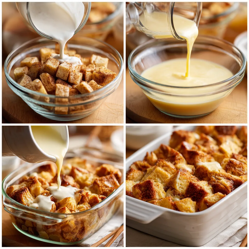 Step-by-step Cinnamon Roll Bread Pudding preparation collage