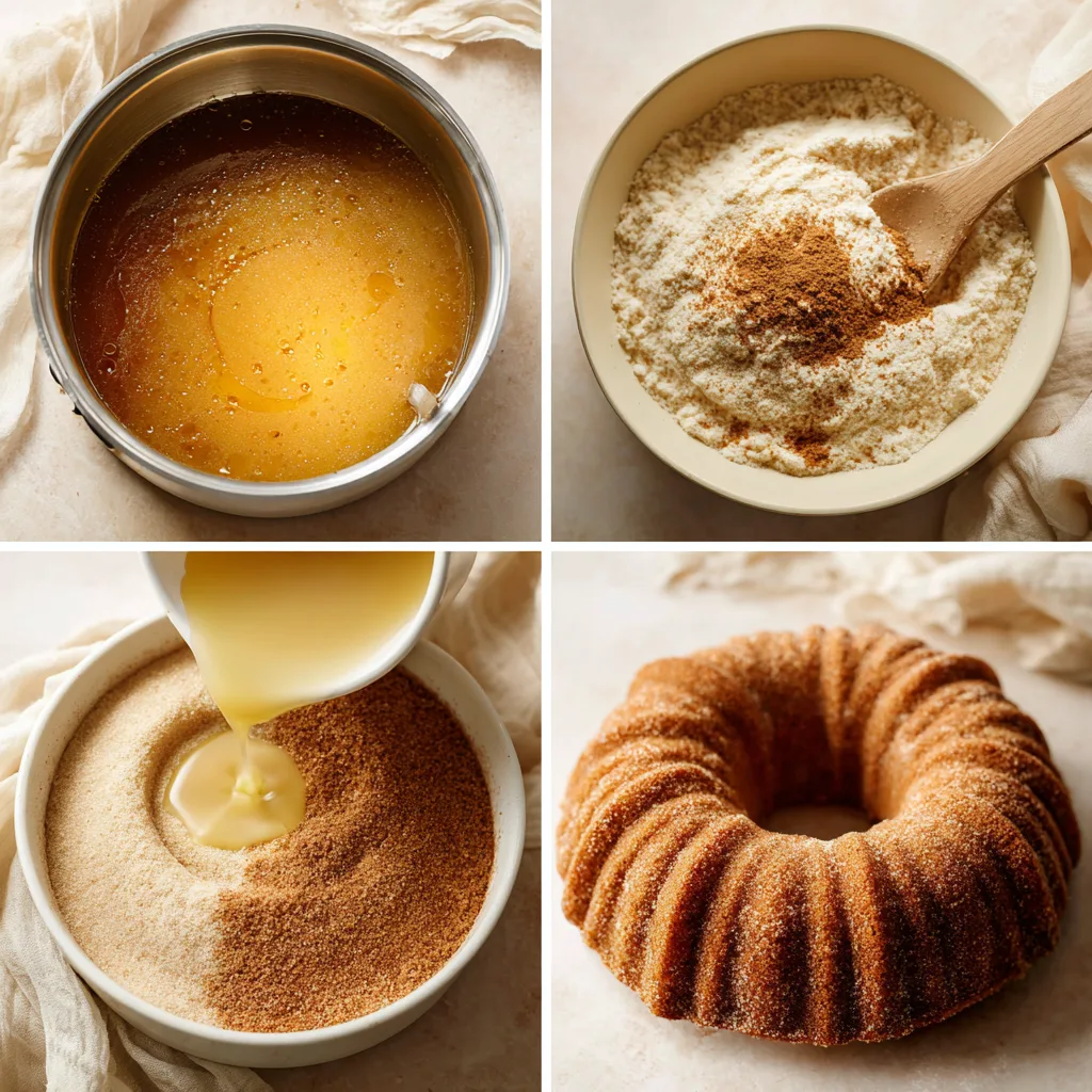 Apple Cider Donut Cake: A Cozy Thanksgiving Desserts Delight 4 Step-by-step Apple Cider Donut Cake recipe process collage
