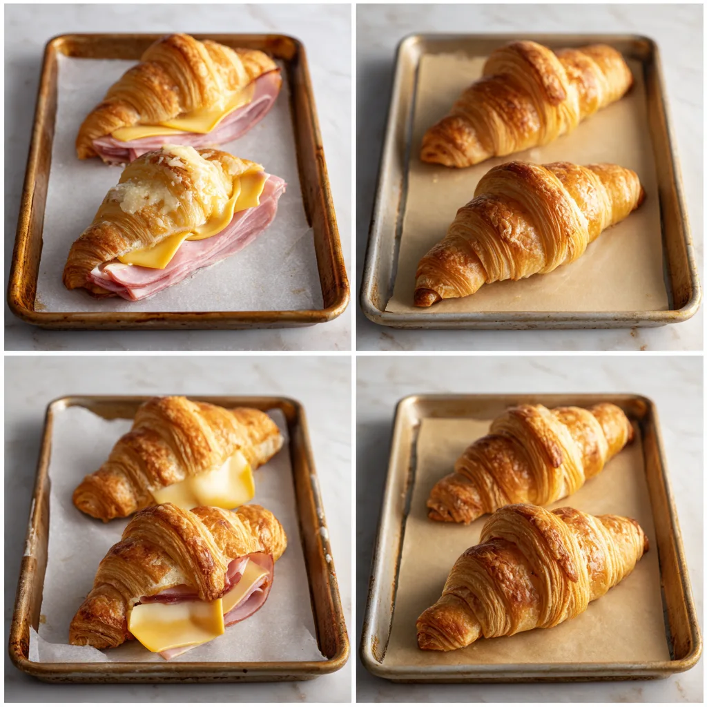 Delightful Baked Ham and Cheese Croissants for an Easy Brunch Treat 4 Step-by-step process for making baked ham and cheese croissants – from filling to baking.