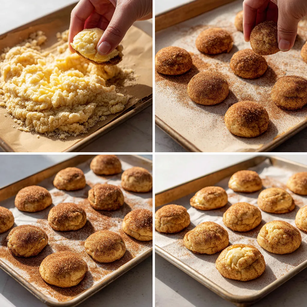 Cheesecake Stuffed Snickerdoodles recipe steps collage
