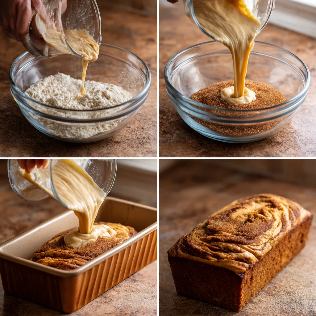 Cinnamon Swirl Pumpkin Loaf for Memorable Thanksgiving Desserts 4 Step-by-step process making Cinnamon Swirl Pumpkin Loaf batter and baking