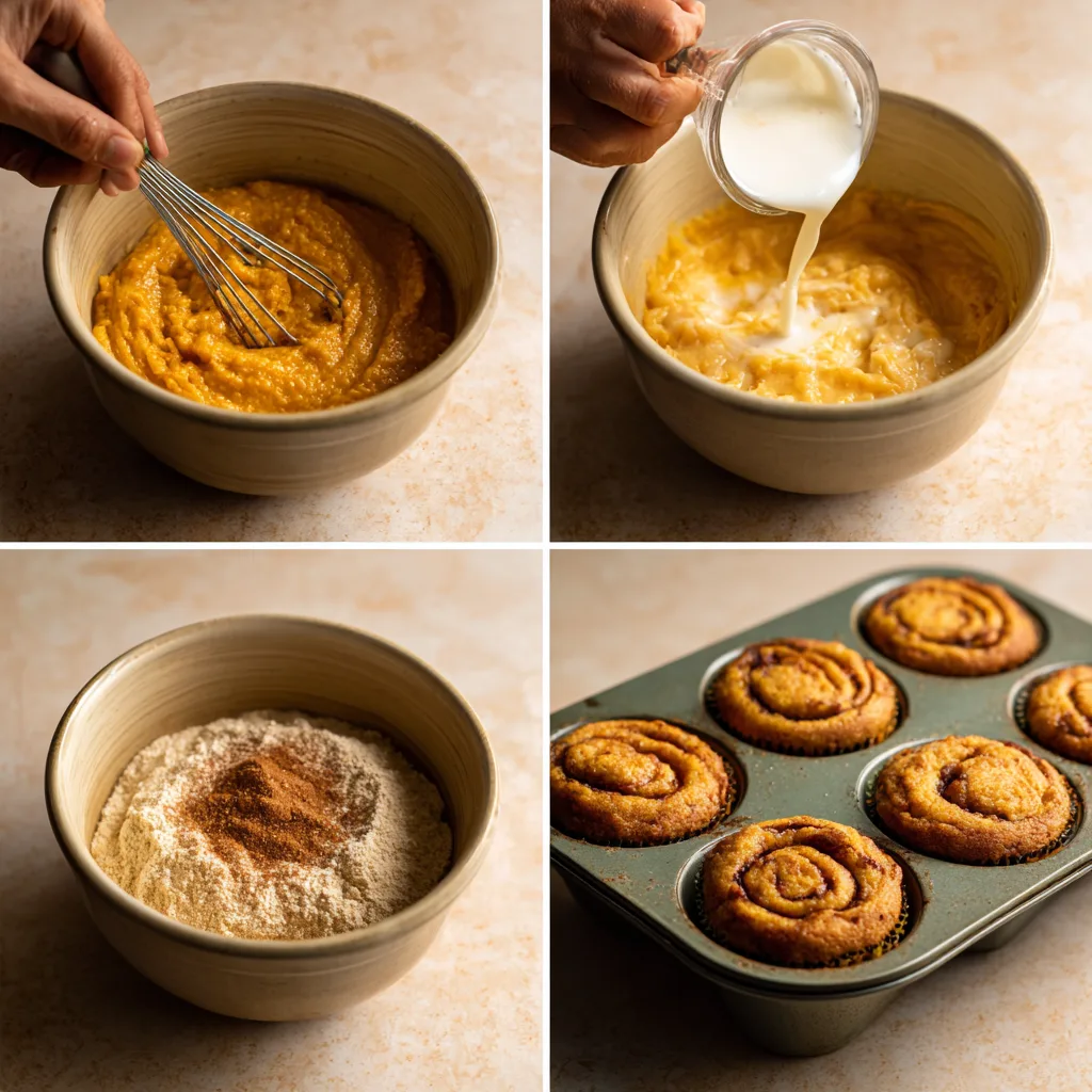 Pumpkin Cinnamon Roll Muffins: Irresistibly Warm Thanksgiving Desserts for Everyone 4 Step-by-step collage showing how to make Pumpkin Cinnamon Roll Muffins