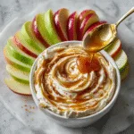 Cream Cheese Caramel Apple Dip with apple slices and caramel drizzle