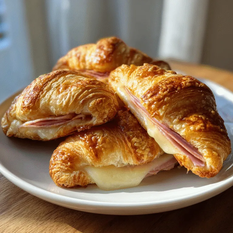 Baked Ham and Cheese Croissants – golden, flaky, and filled with melted Swiss cheese and smoked ham.