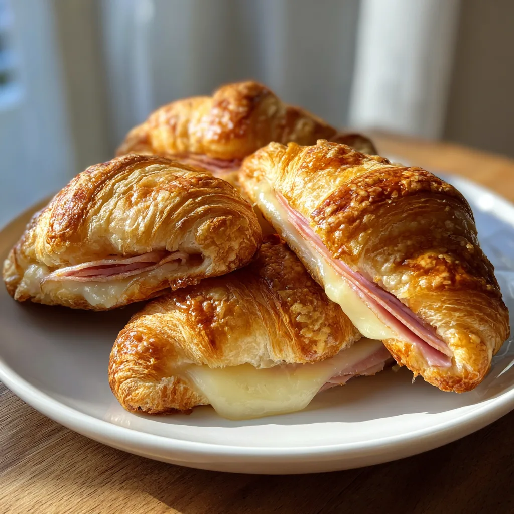 Delightful Baked Ham and Cheese Croissants for an Easy Brunch Treat 2 Baked Ham and Cheese Croissants – golden, flaky, and filled with melted Swiss cheese and smoked ham.