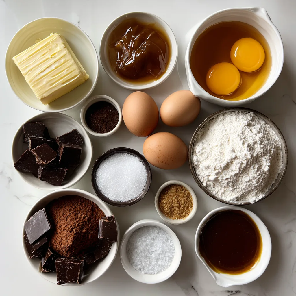 Molten Salted Caramel Brownies That Hit the Sweet Spot: Your Ultimate Thanksgiving Desserts Triumph! 3 Ingredients for molten salted caramel brownies arranged on white kitchen surface