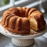 Apple Cider Donut Cake topped with cinnamon sugar on white cake stand