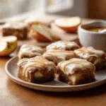 Apple Blondies with Brown Butter Frosting freshly baked on a plate