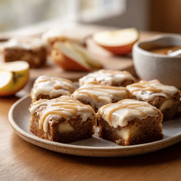 Apple Blondies with Brown Butter Frosting freshly baked on a plate