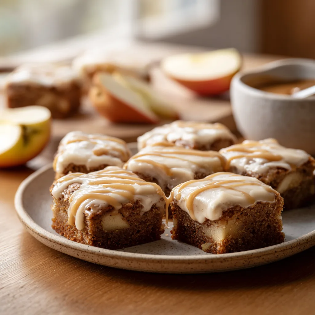 Apple Blondies with Brown Butter Frosting freshly baked on a plate