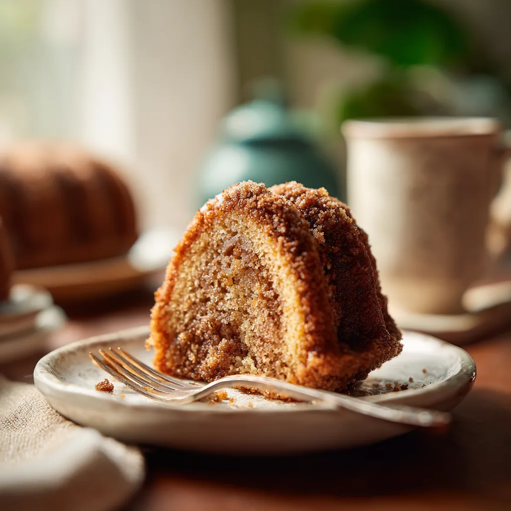 Apple Cider Donut Cake: A Cozy Thanksgiving Desserts Delight 5 Slice of Apple Cider Donut Cake on white plate with cinnamon sugar
