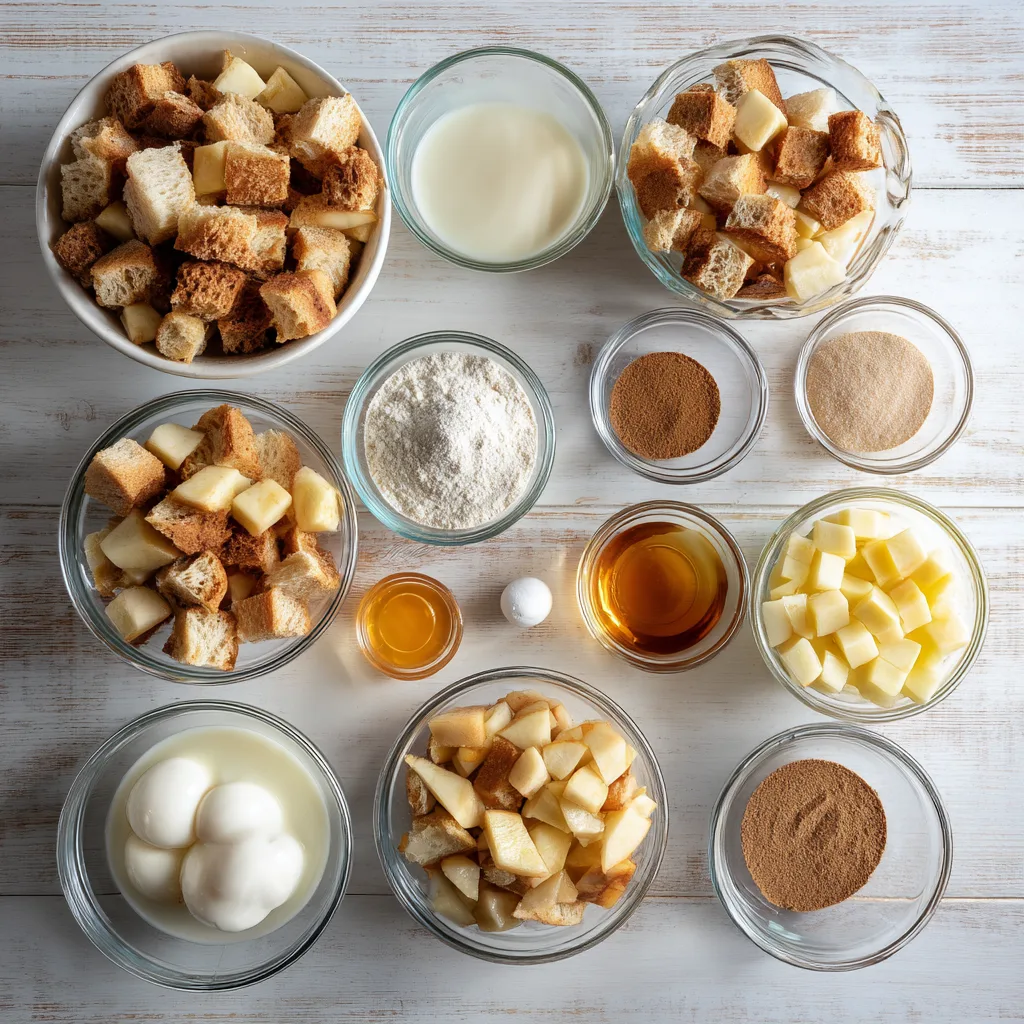 Cinnamon Apple Bread Pudding: A Cozy Thanksgiving Desserts Favorite 3 Ingredients for Cinnamon Apple Bread Pudding arranged on white table