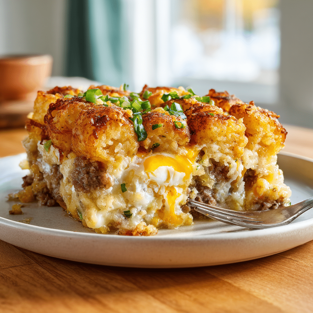 Cracked Out Tater Tot Breakfast Casserole: A Flavor-Packed Start to Your Morning 5 Slice of Cracked Out Tater Tot Breakfast Casserole served on a plate in a casual kitchen