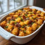 Cracked Out Tater Tot Breakfast Casserole baked with bacon, cheese, and green onions in a home kitchen