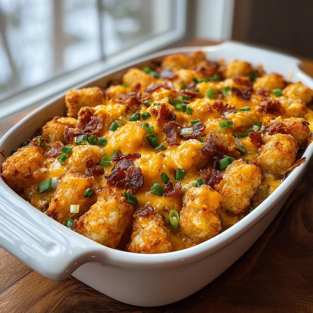 Cracked Out Tater Tot Breakfast Casserole: A Flavor-Packed Start to Your Morning 2 Cracked Out Tater Tot Breakfast Casserole baked with bacon, cheese, and green onions in a home kitchen