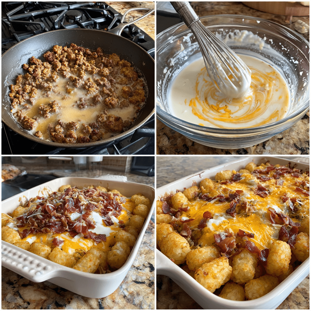 Cracked Out Tater Tot Breakfast Casserole: A Flavor-Packed Start to Your Morning 4 Four-step amateur photo collage of making Cracked Out Tater Tot Breakfast Casserole