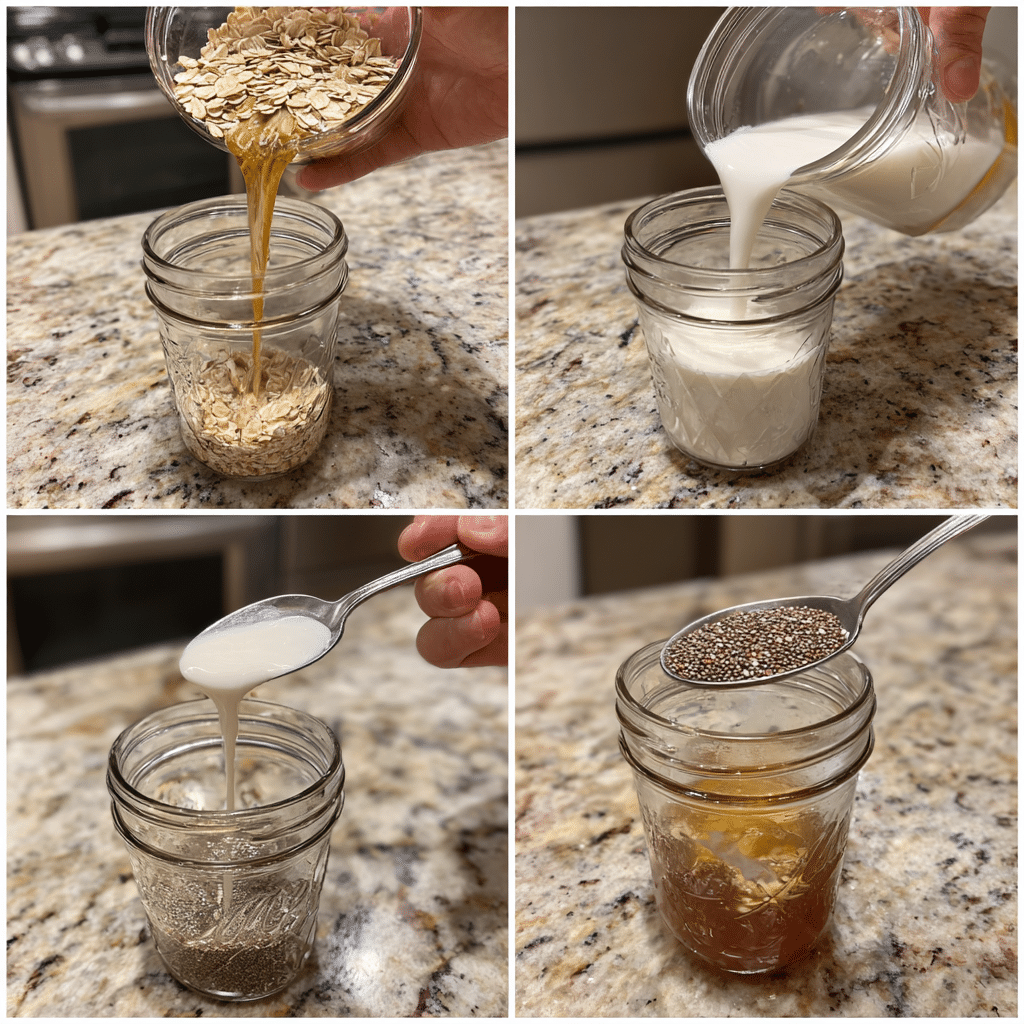 Brown Sugar Overnight Oats: A Cozy, Sweet Start to Your Day 4 Step-by-step 4-panel making Brown Sugar Overnight Oats