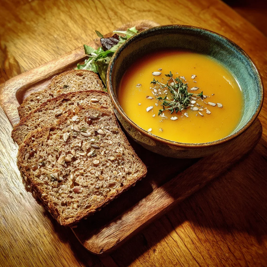 Protein-Packed Butternut Squash Soup: A Heartwarming, Nutrient-Rich Delight 5 Serving of protein-packed butternut squash soup with bread and salad
