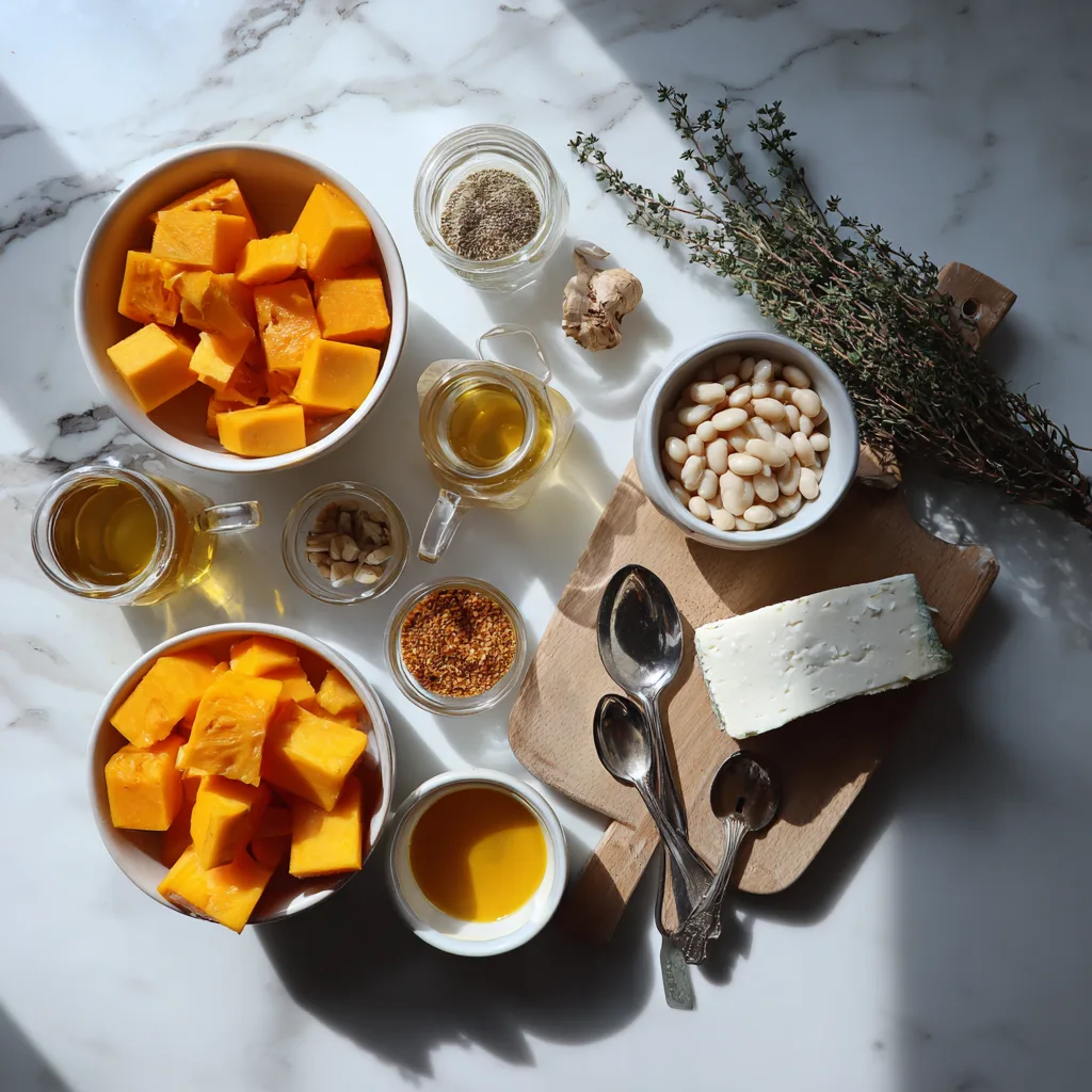 Protein-Packed Butternut Squash Soup: A Heartwarming, Nutrient-Rich Delight 3 Fresh ingredients for protein-packed butternut squash soup arranged on counter