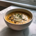 Protein-packed butternut squash soup with seeds and thyme garnish in white bowl