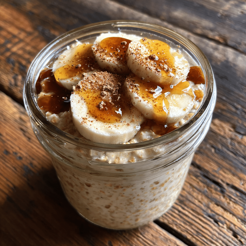Brown Sugar Overnight Oats: A Cozy, Sweet Start to Your Day 2 Brown Sugar Overnight Oats in jar topped with banana and maple drizzle
