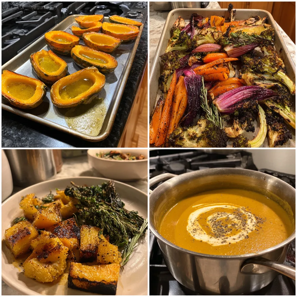 Roasted Butternut Squash Soup: Cozy Autumn Comfort in a Bowl 4 Step-by-step process for roasted butternut squash soup in four panels