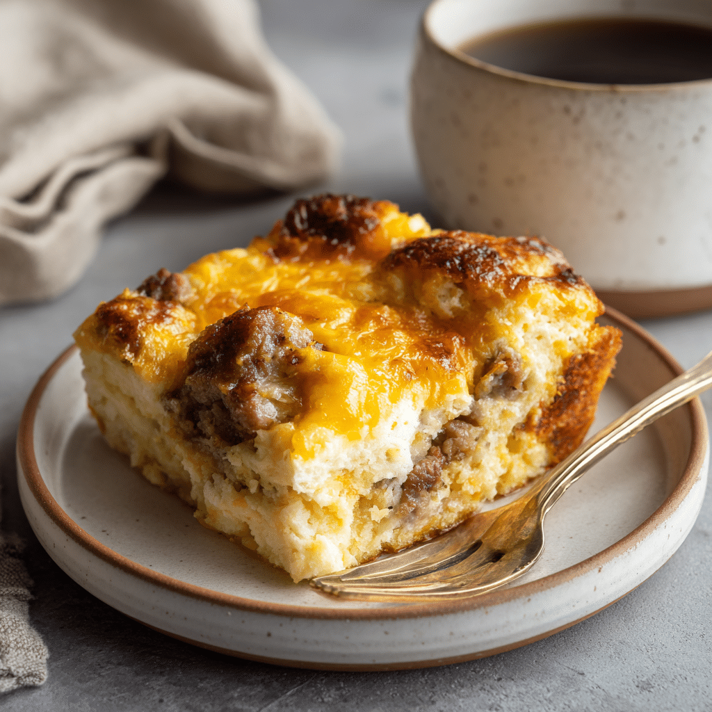 Delicious Cheesy Sausage Breakfast Casserole – A Savory Morning Delight 5 Plated serving of Cheesy Sausage Breakfast Casserole with fork