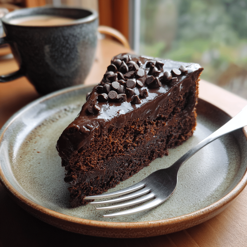 Slice of homemade Chocolate Cake served with ganache