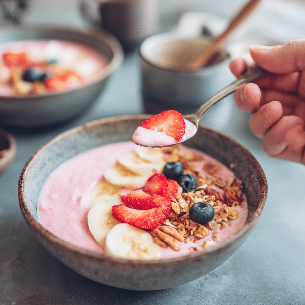 Serving a 5-Minute Fruit Smoothie Bowl with spoonful of toppings