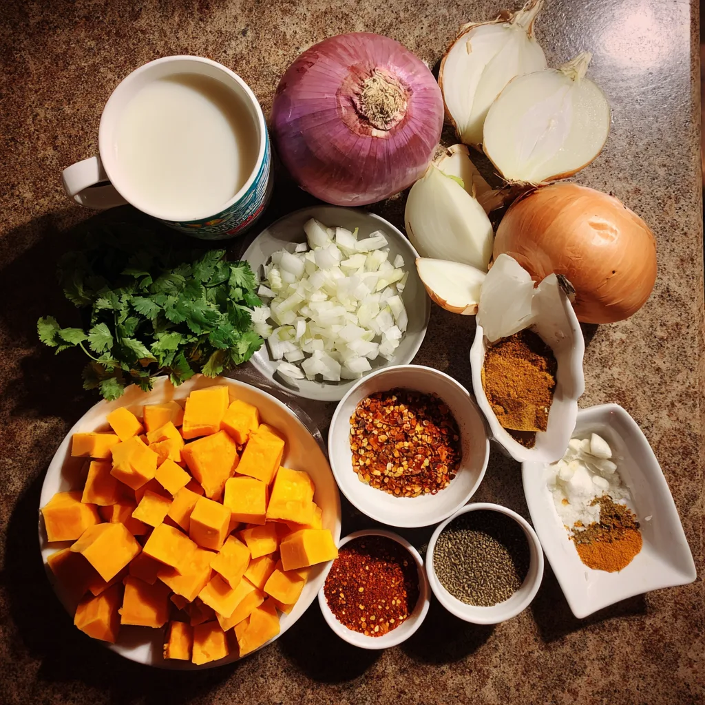 Spicy Butternut Squash and Sweet Potato Soup: A Comforting Fall Delight 3 Ingredients on a counter for Spicy Butternut Squash and Sweet Potato Soup