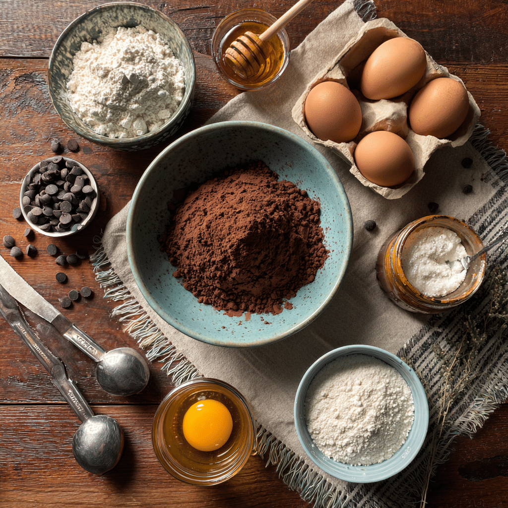 Chocolate Cake ingredients on wooden counter