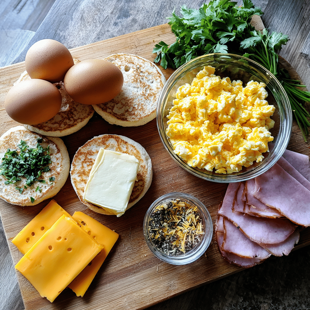 Delicious Egg and Ham Breakfast Sandwich to Start Your Day Right 3 Homemade ingredients for Egg and Ham Breakfast Sandwich on kitchen counter