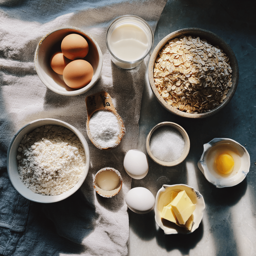 Oatmeal Muffins: Wholesome, Quick Breakfast Treats to Kickstart Your Day 3 Ingredients for oatmeal muffins on a casual kitchen counter