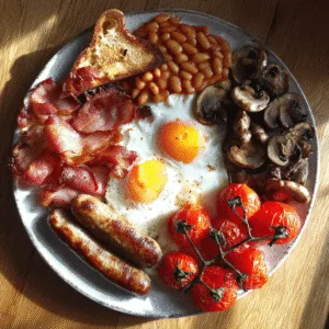 Homemade Full English Breakfast with bacon, eggs, sausages, and beans on toast