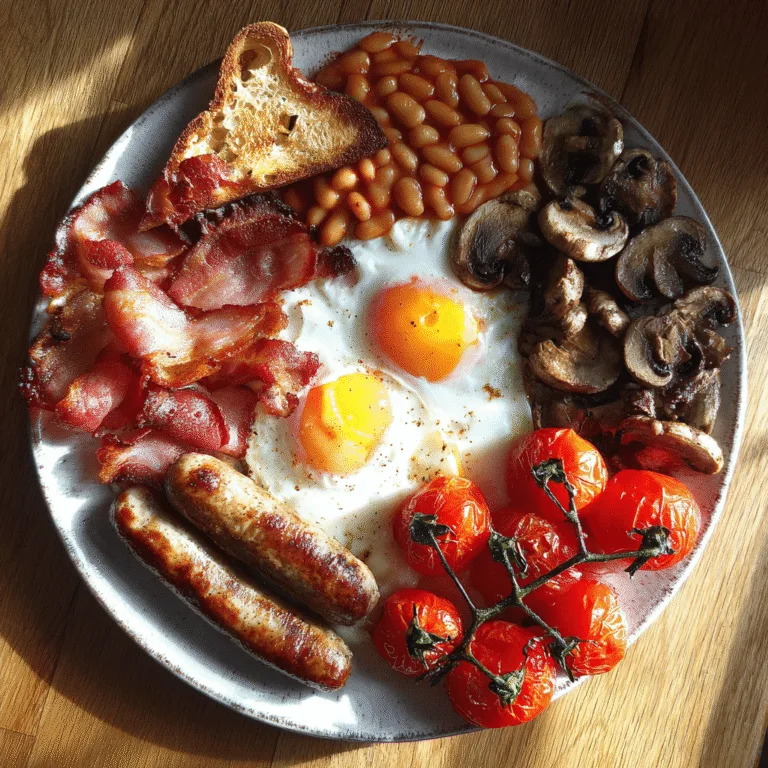 Homemade Full English Breakfast with bacon, eggs, sausages, and beans on toast
