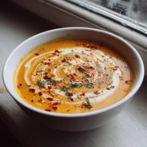 Homemade Spicy Butternut Squash and Sweet Potato Soup in a white bowl
