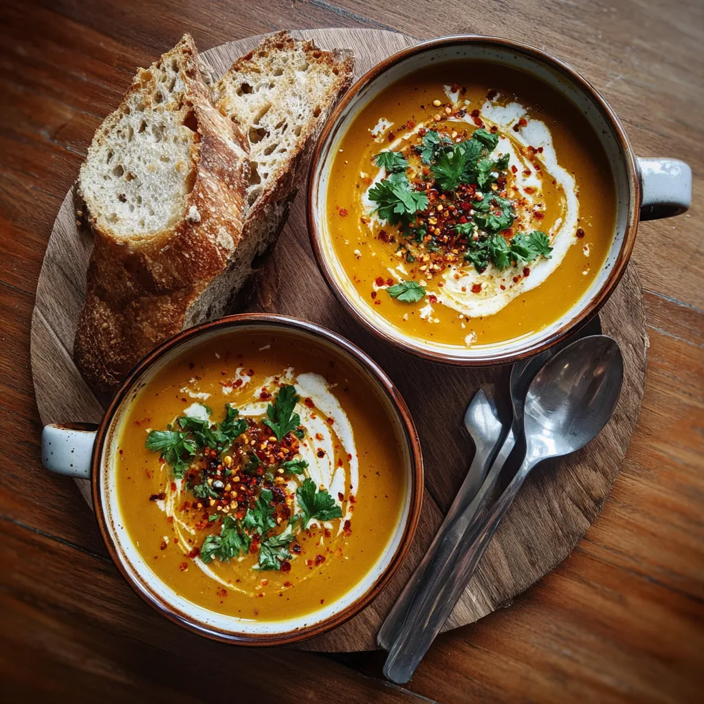 Roasted Butternut Squash Soup: Cozy Autumn Comfort in a Bowl 5 Served roasted butternut squash soup with bread and garnish
