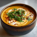 Roasted Butternut Squash Soup with coconut swirl and cilantro garnish