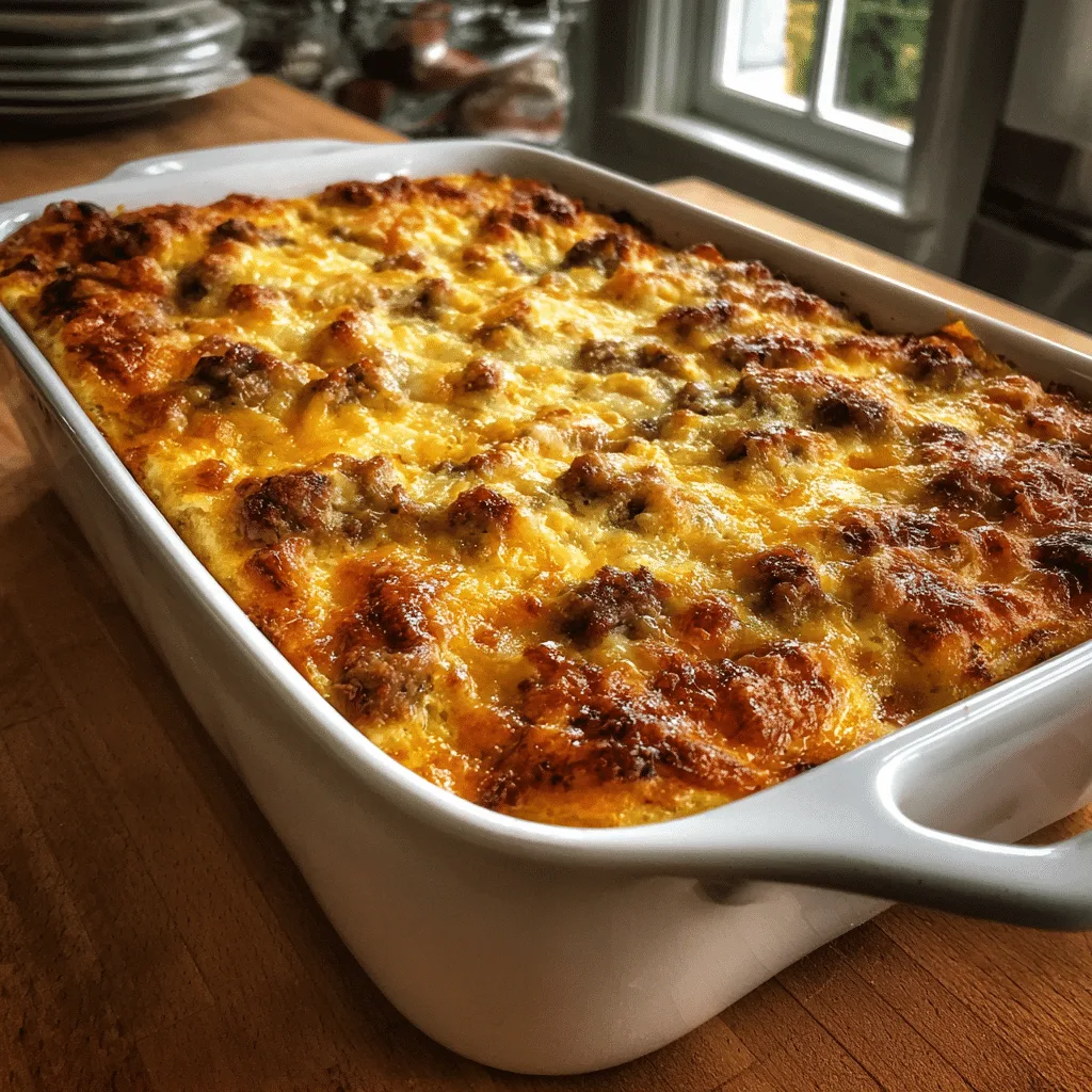 Freshly baked Cheesy Sausage Breakfast Casserole with golden cheese topping