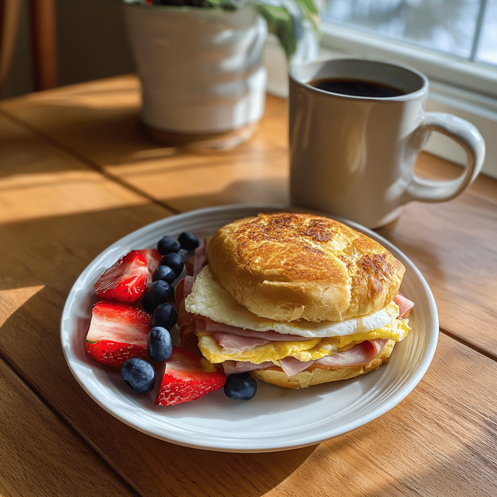 Delicious Egg and Ham Breakfast Sandwich to Start Your Day Right 5 Egg and Ham Breakfast Sandwich served casually with fruit and coffee