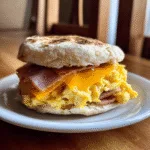 Egg and Ham Breakfast Sandwich on a plate with ham, eggs, and cheese