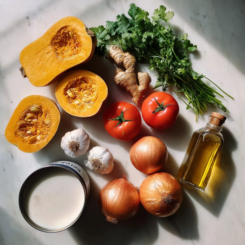 Roasted Butternut Squash Soup: Cozy Autumn Comfort in a Bowl 3 Fresh ingredients for roasted butternut squash soup on a marble counter